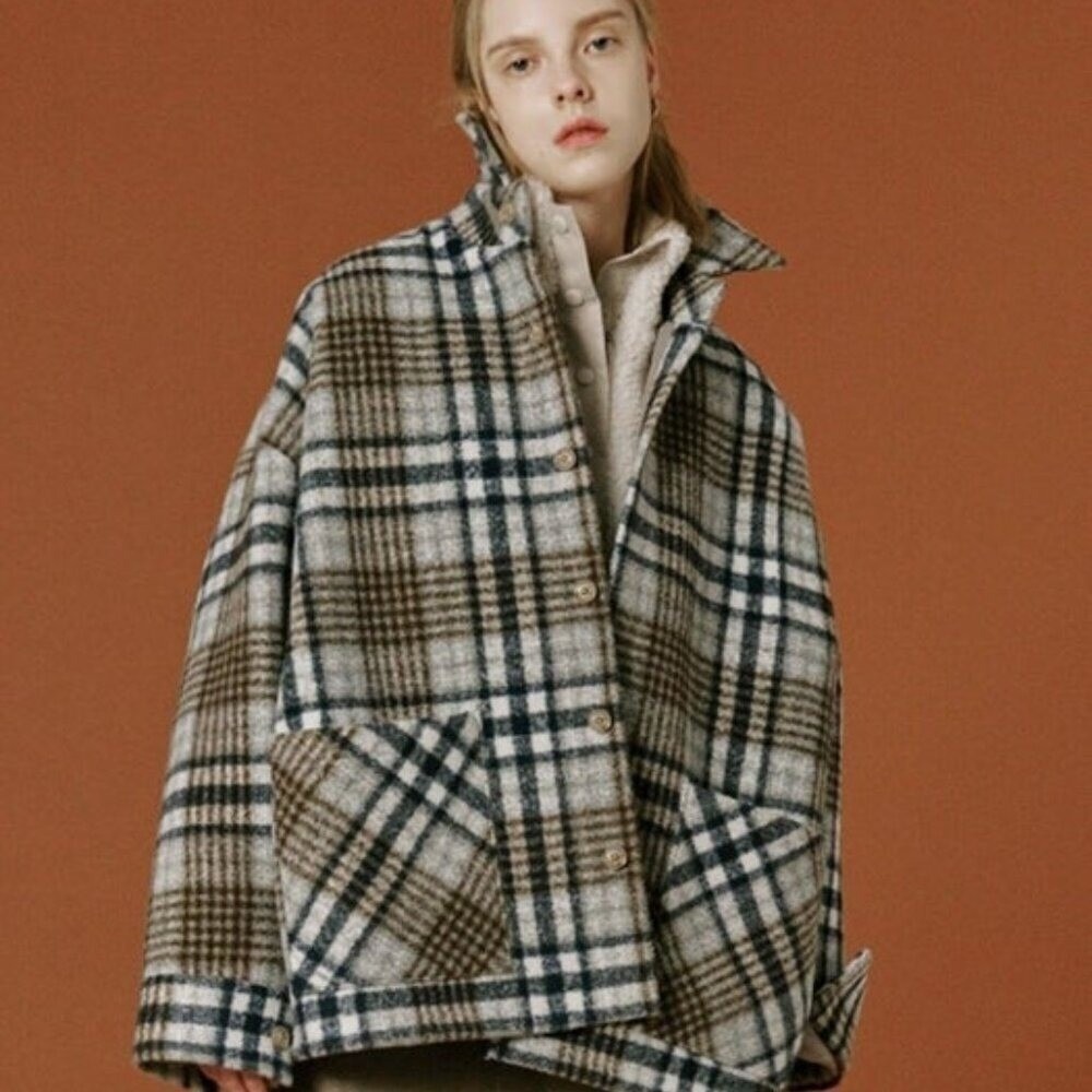 OUI MAIS NON Plaid Wool Blend Oversized Shirt Coat One Size